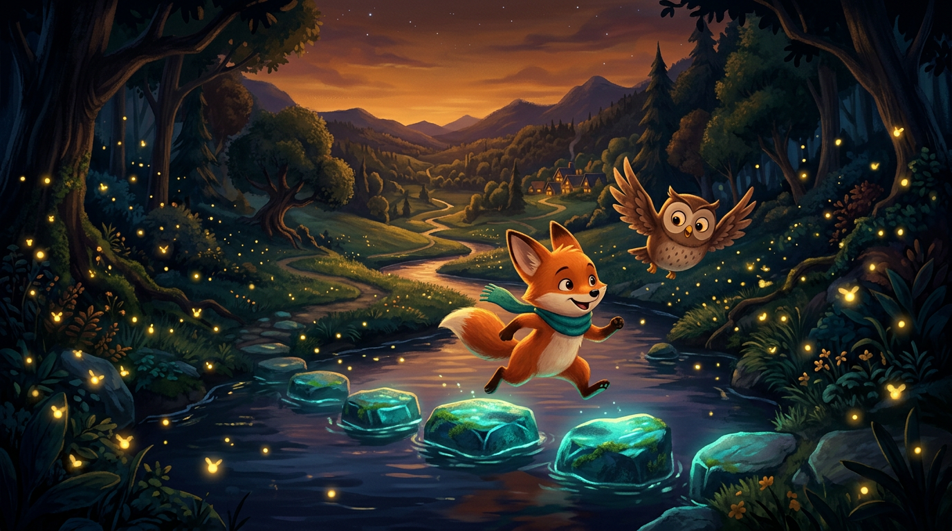 Ora the fox leaping across glowing stepping stones in a river while an owl flies beside her
