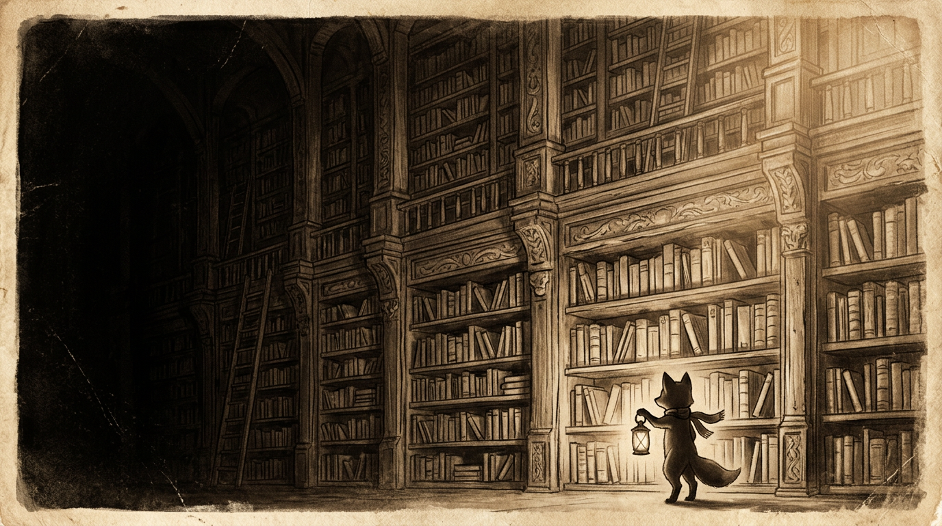 Sepia drawing of Ora the fox holding a lantern in front of towering library shelves