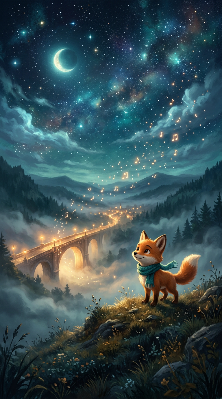Illustration of Ora on a hill at night, looking toward a glowing bridge as musical notes rise