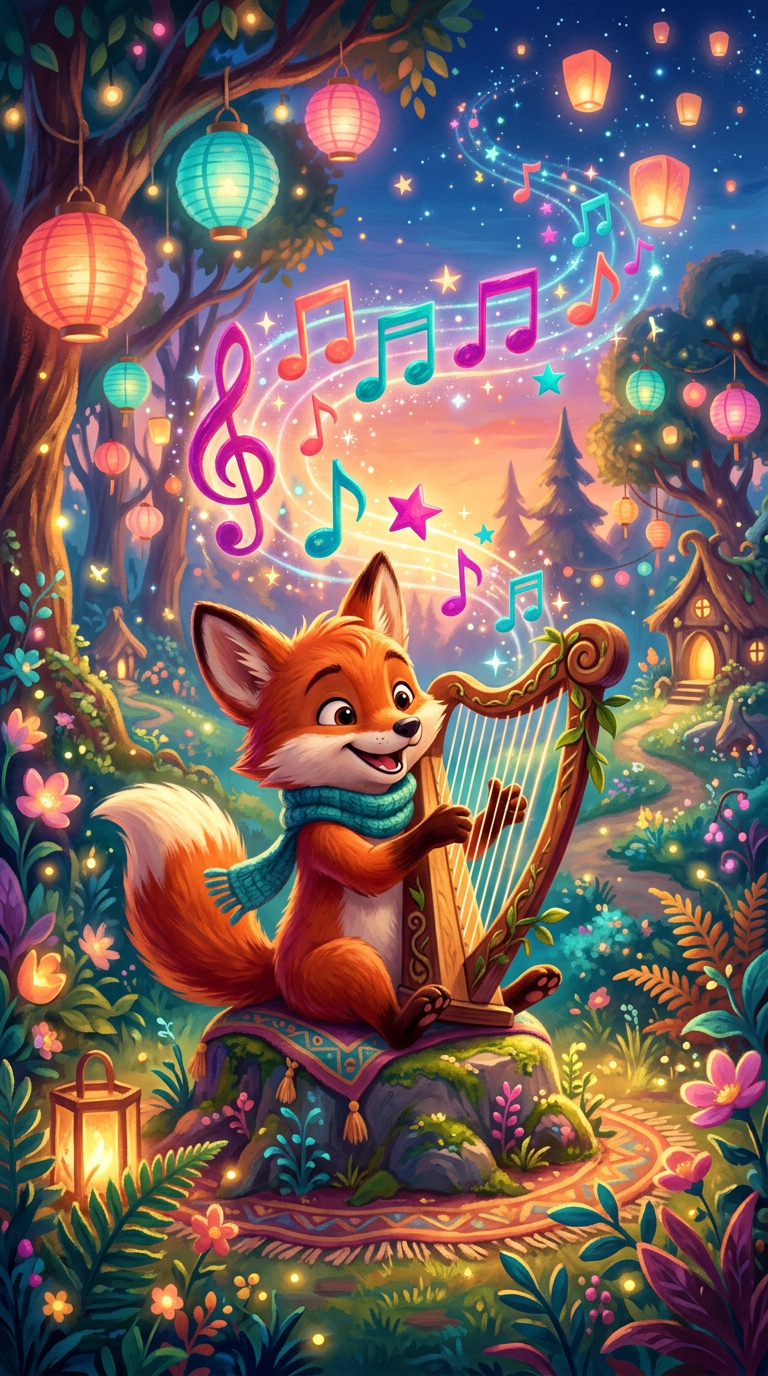 Illustration of Ora playing a small harp under paper lanterns as colored notes swirl