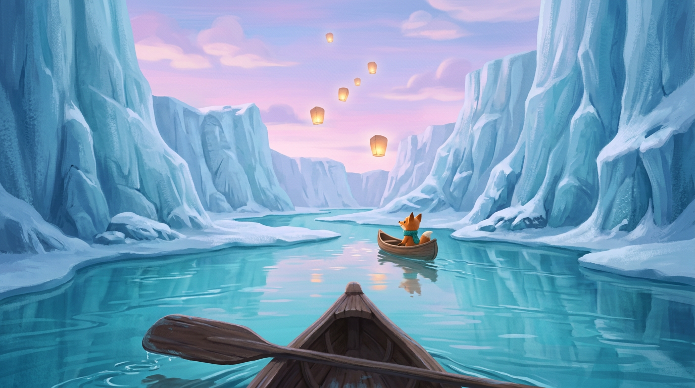 Ora the fox in a small boat on a turquoise glacier river as paper lanterns rise into a pink sky