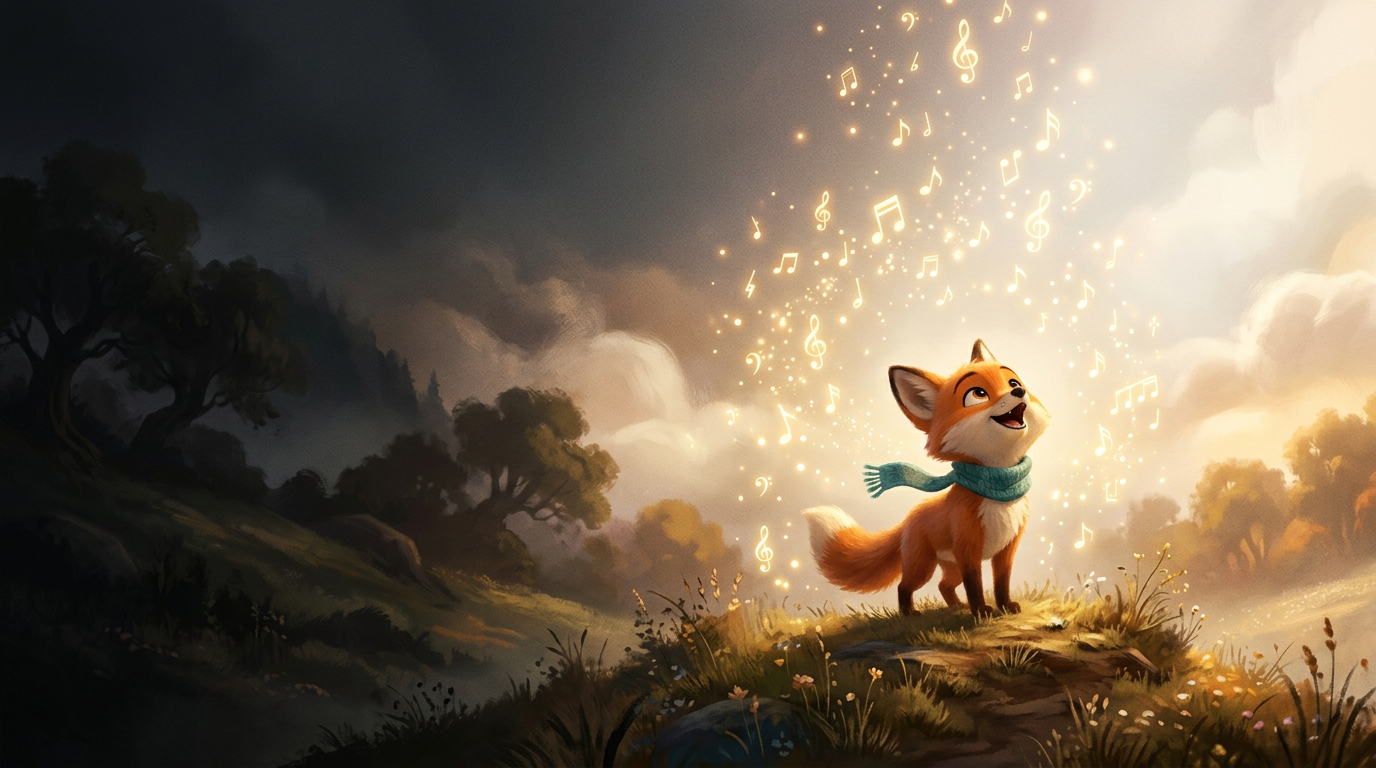 Ora the fox singing on a hilltop as glowing musical notes rise into the clouds
