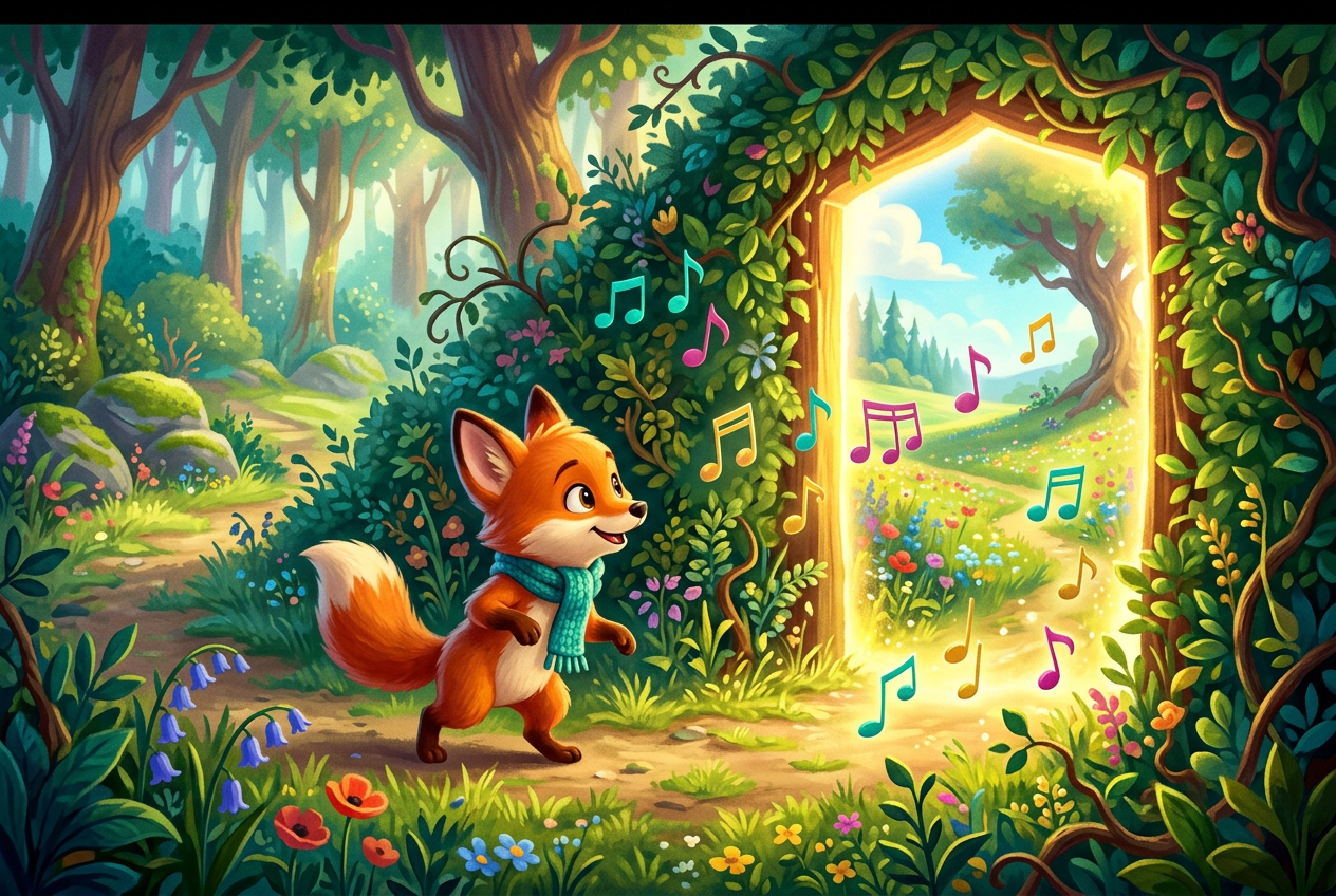 Ora the fox walking toward a glowing doorway in a leafy hedge, colored musical notes drifting out